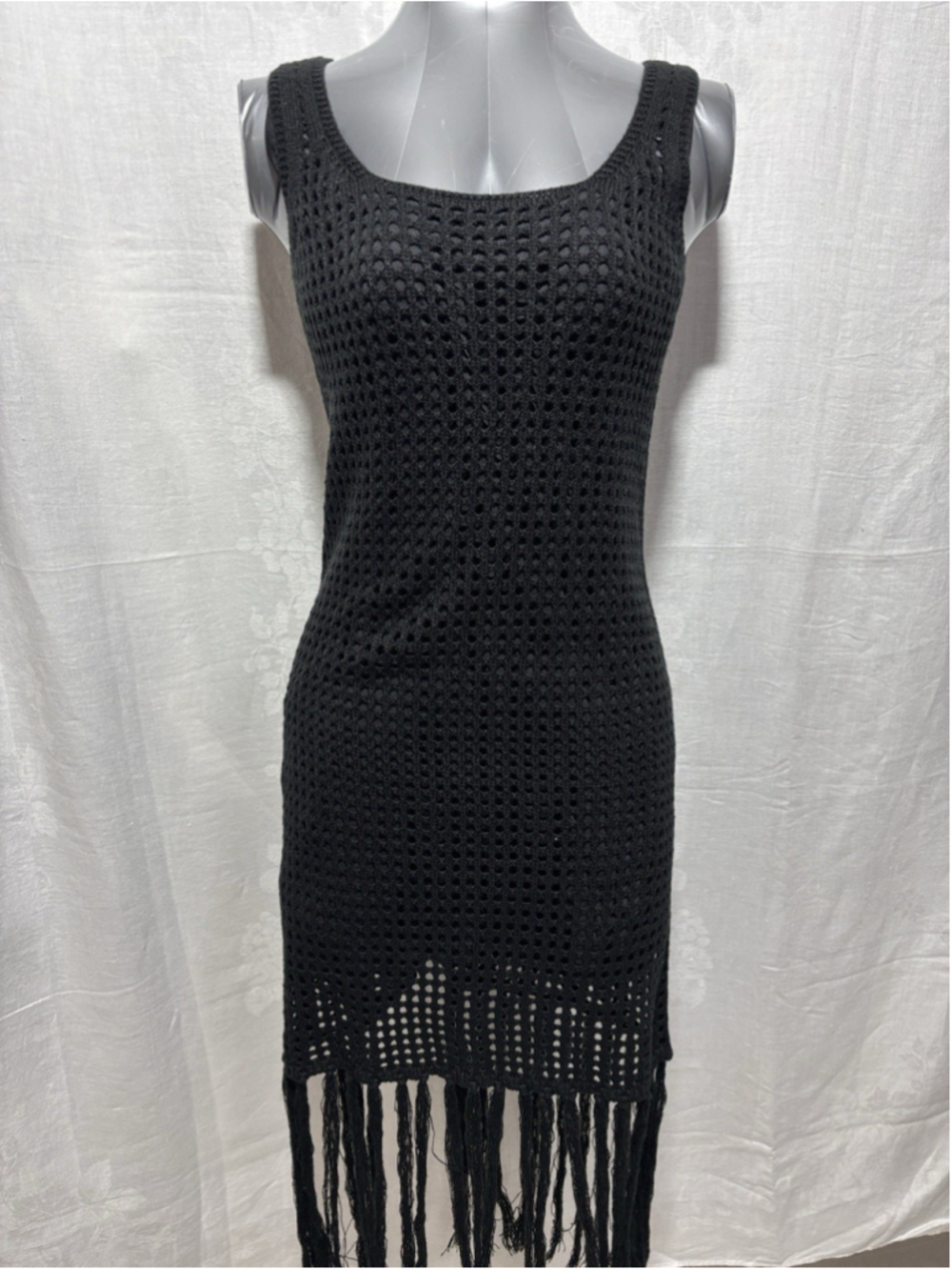 NWT Women’s Black Crochet Maxi Dress with Fringe Size L - beach vacation travel